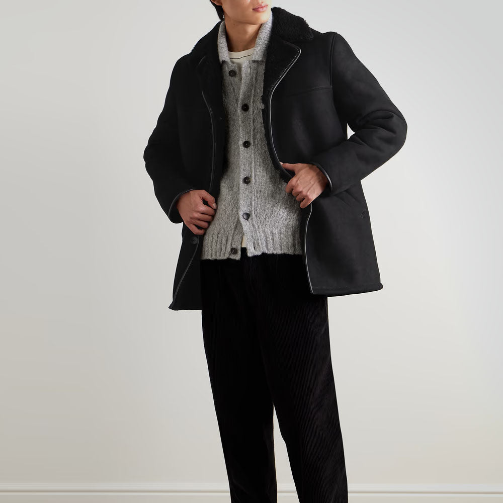 Men's Black Leather Shearling Coat
