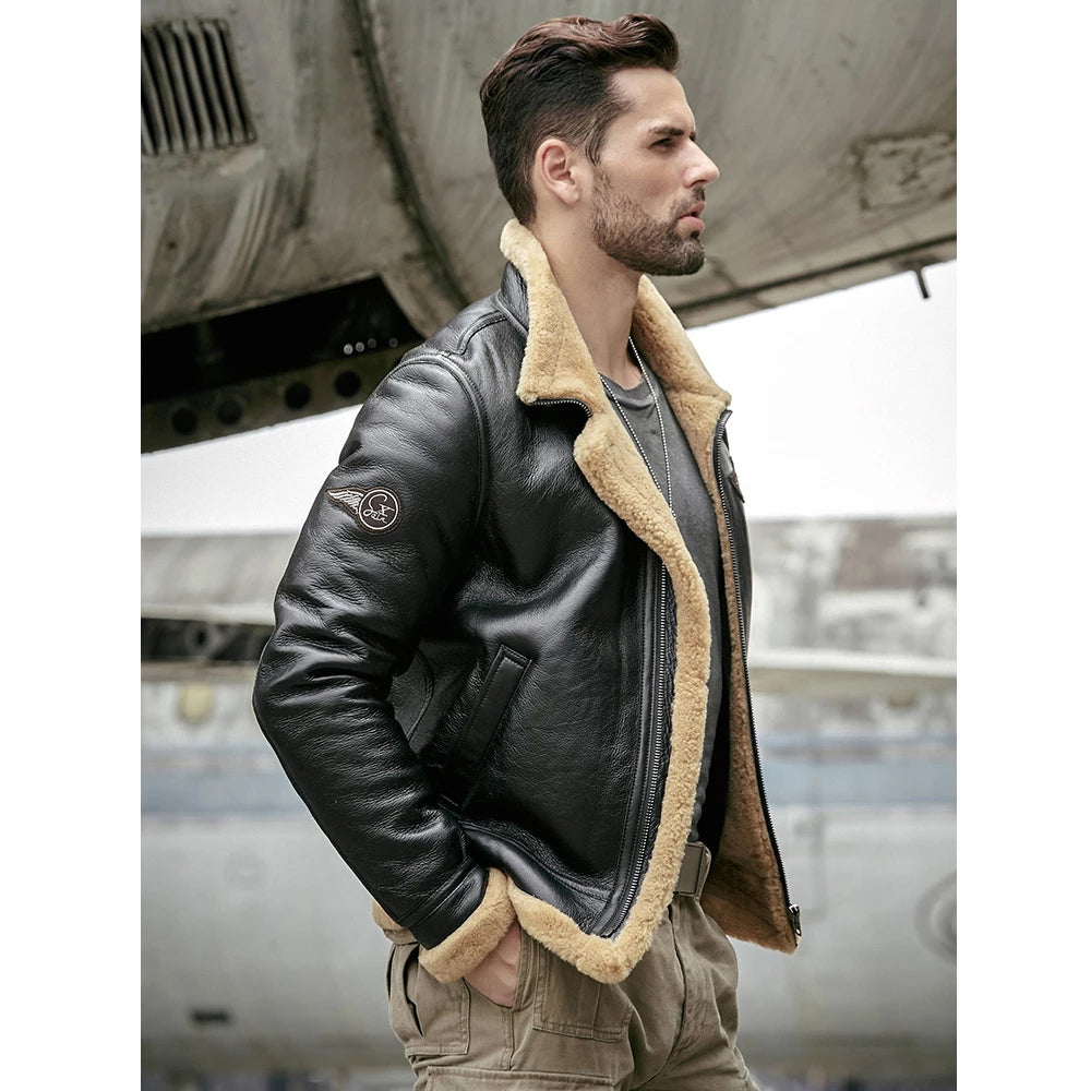 Men's Black Leather Shearling Jacket 