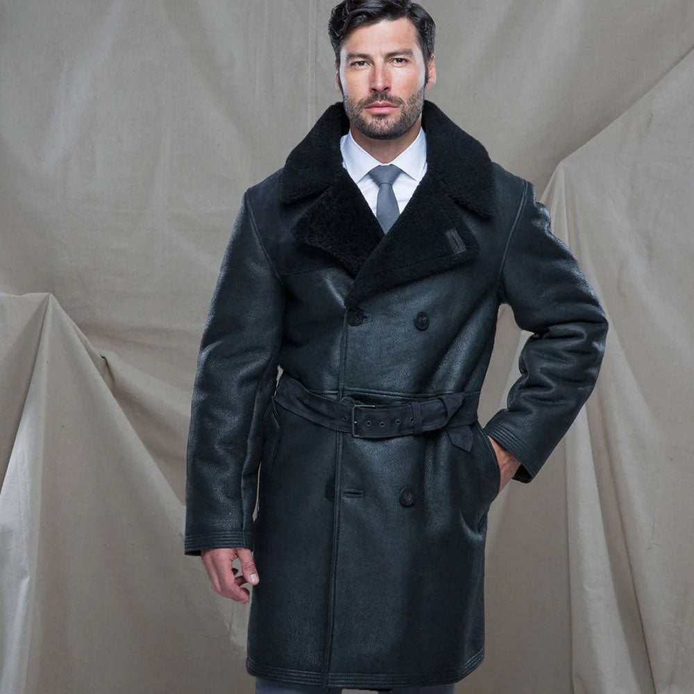 Men's Black Sheepskin Leather Trench Coat