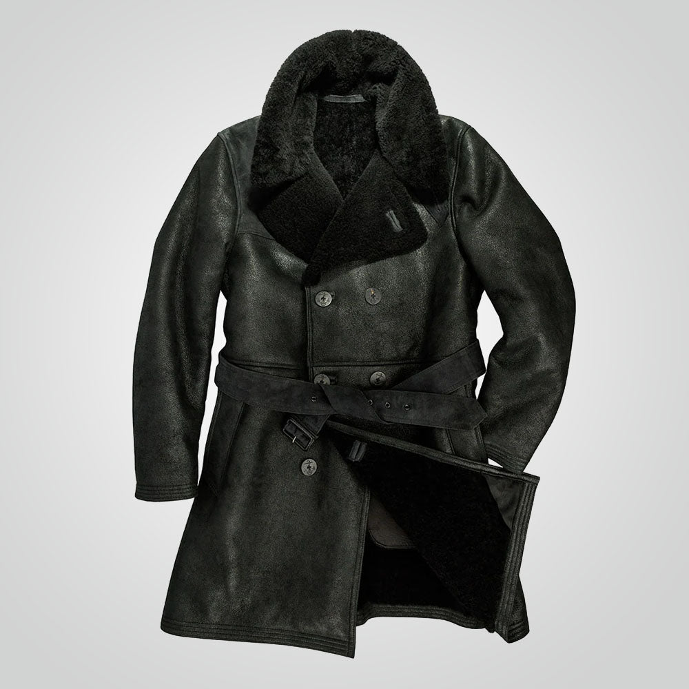 Black Sheepskin Leather Trench Coat