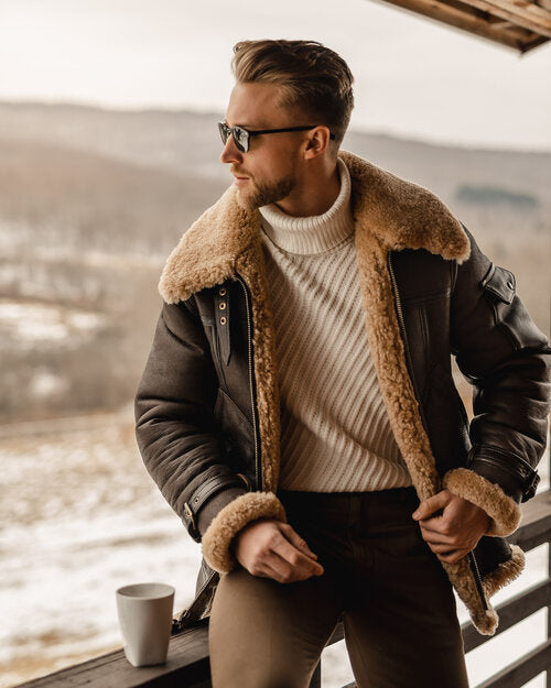 Men's Brown B3 RAF Flying Aviator Shearling Leather Long Jacket Coat - bombersflight