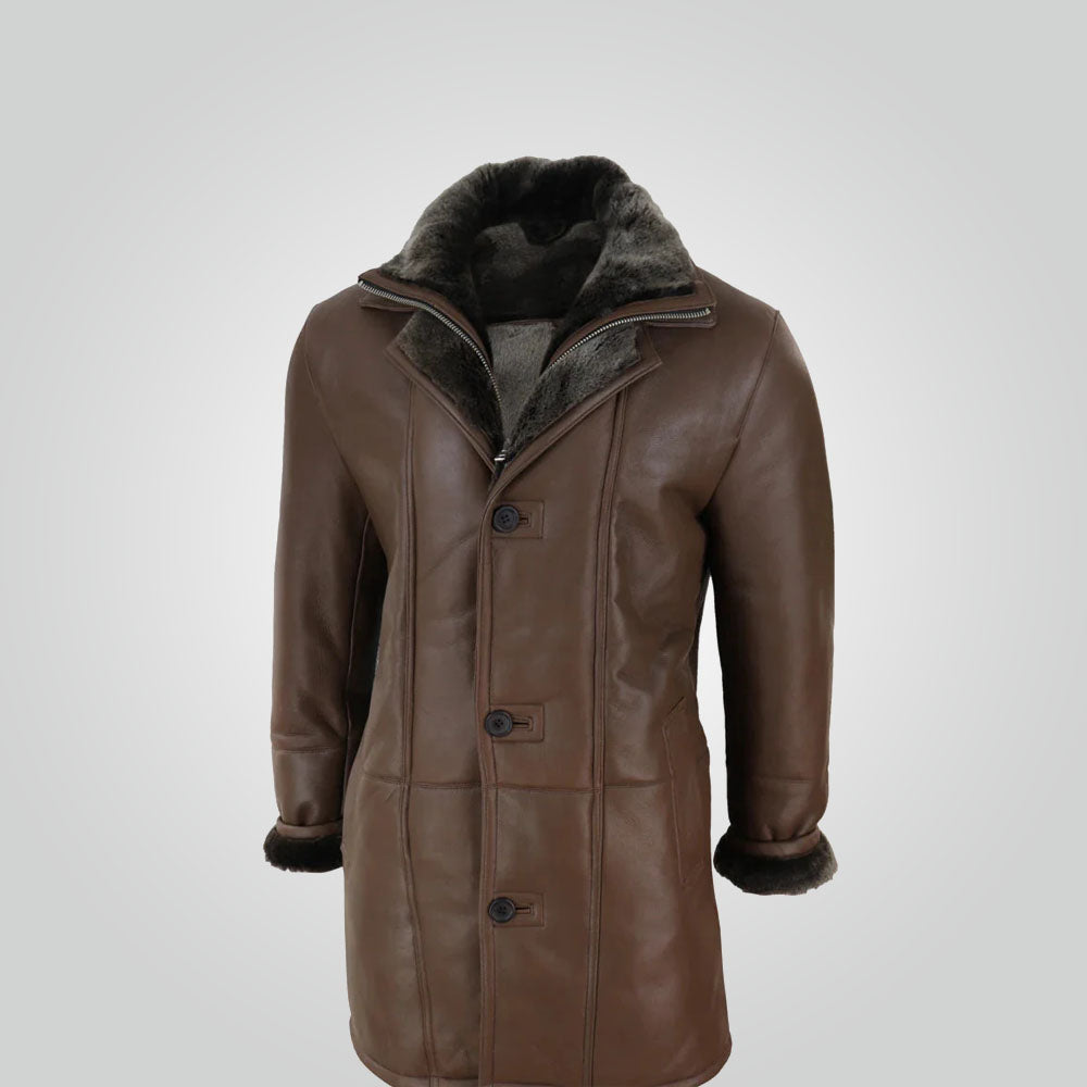 Men’s Brown Duffle Jacket Sheepskin Long Coat