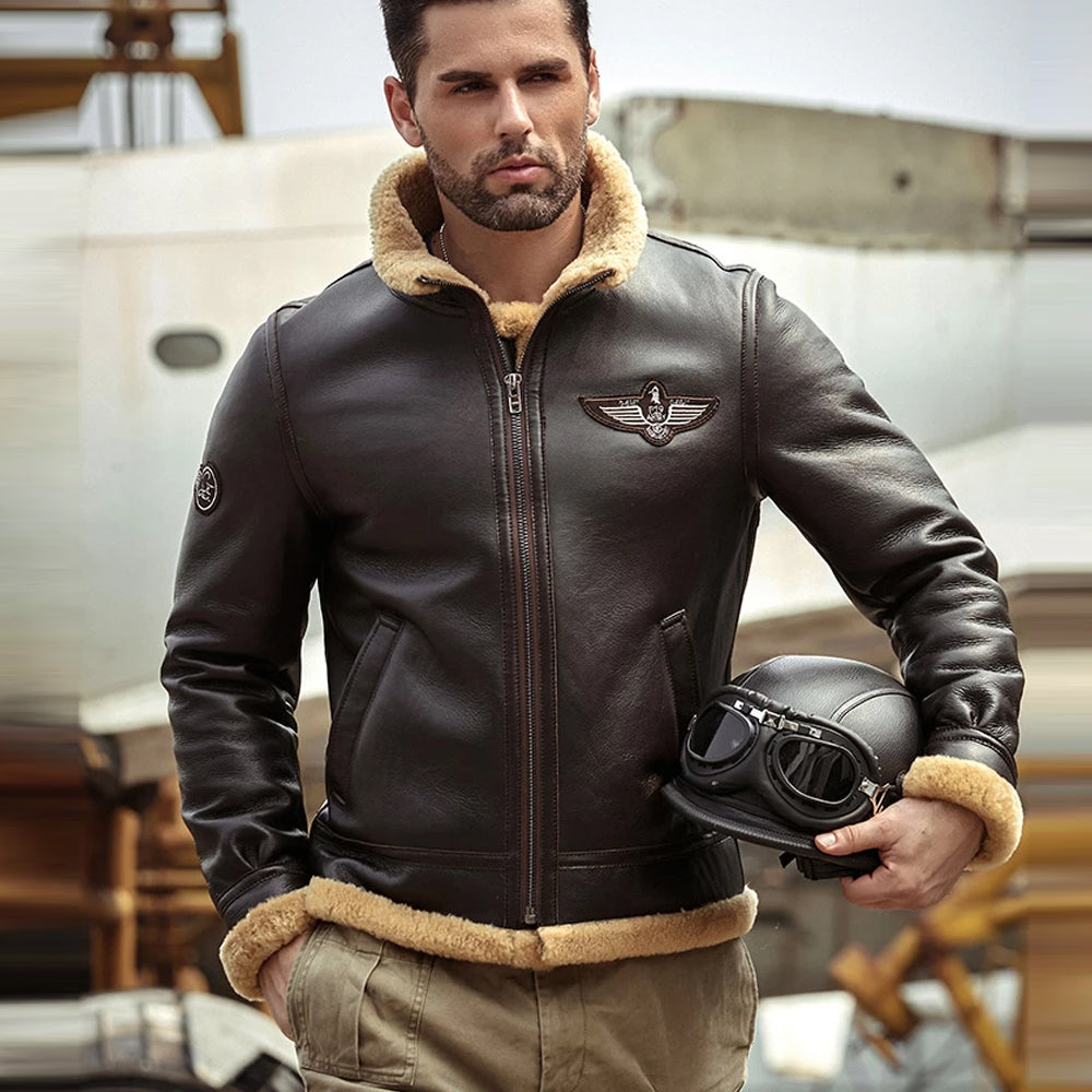 Men's Brown RAF Aviator Airforce Sheepskin Shearling Leather Jacket Coat - bombersflight
