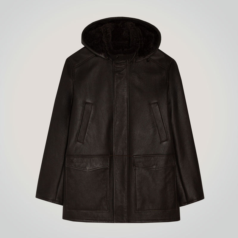 Men's Hooded Brown Long Sheepskin Coat