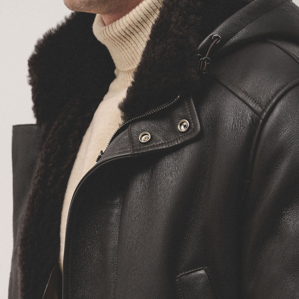 Men's Hooded Brown Long Sheepskin Coat