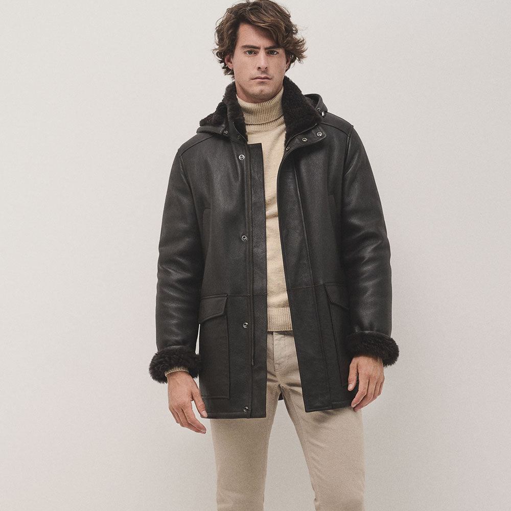 Hooded Brown Long Sheepskin Coat