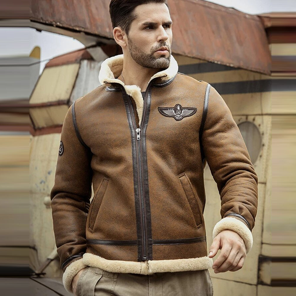 New Men's 2025 RAF Double Collar Waxed RAF Flying Sheepskin Shearling Jacket Coat - bombersflight