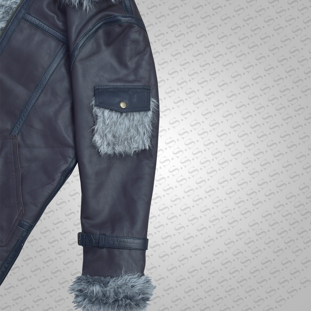 Men's Shearling Jacket Coat Thick Black in Flight Aviation Style Jacket - Cold Inferno - bombersflight