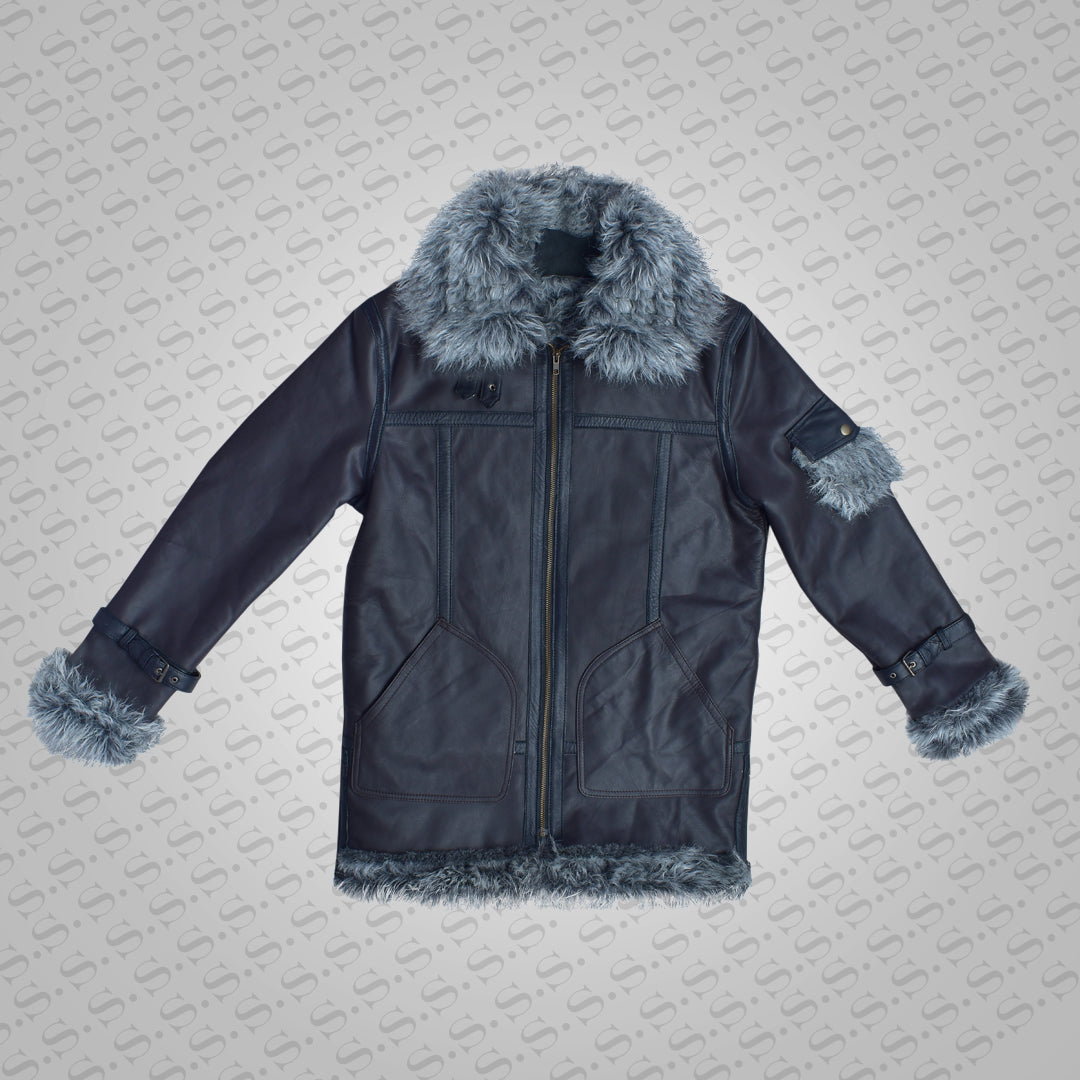 Men's Shearling Jacket Coat Thick Black in Flight Aviation Style Jacket - Cold Inferno - bombersflight