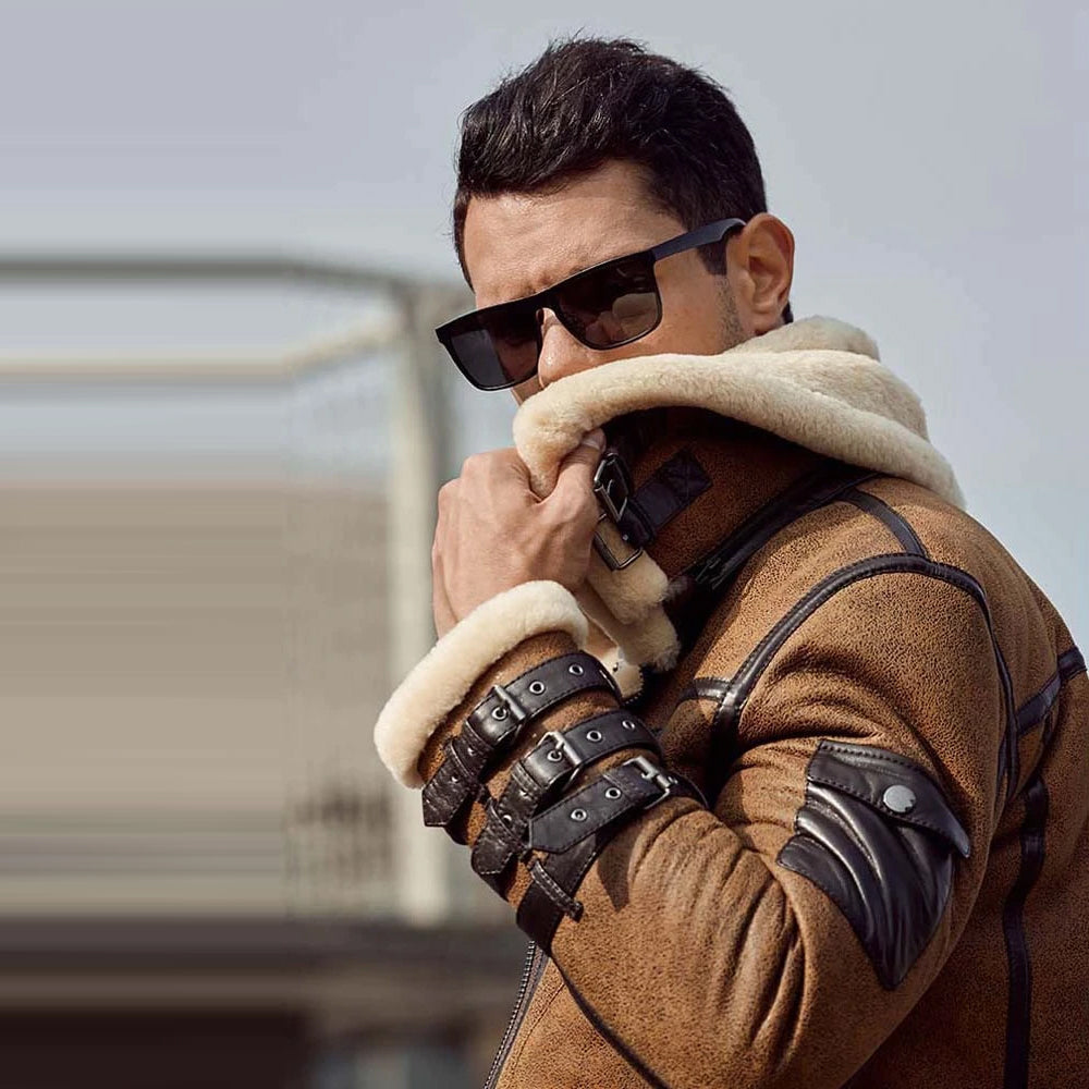 Mens Aviator Brown Double Collar Flight Shearling Leather Jacket Coat - bombersflight