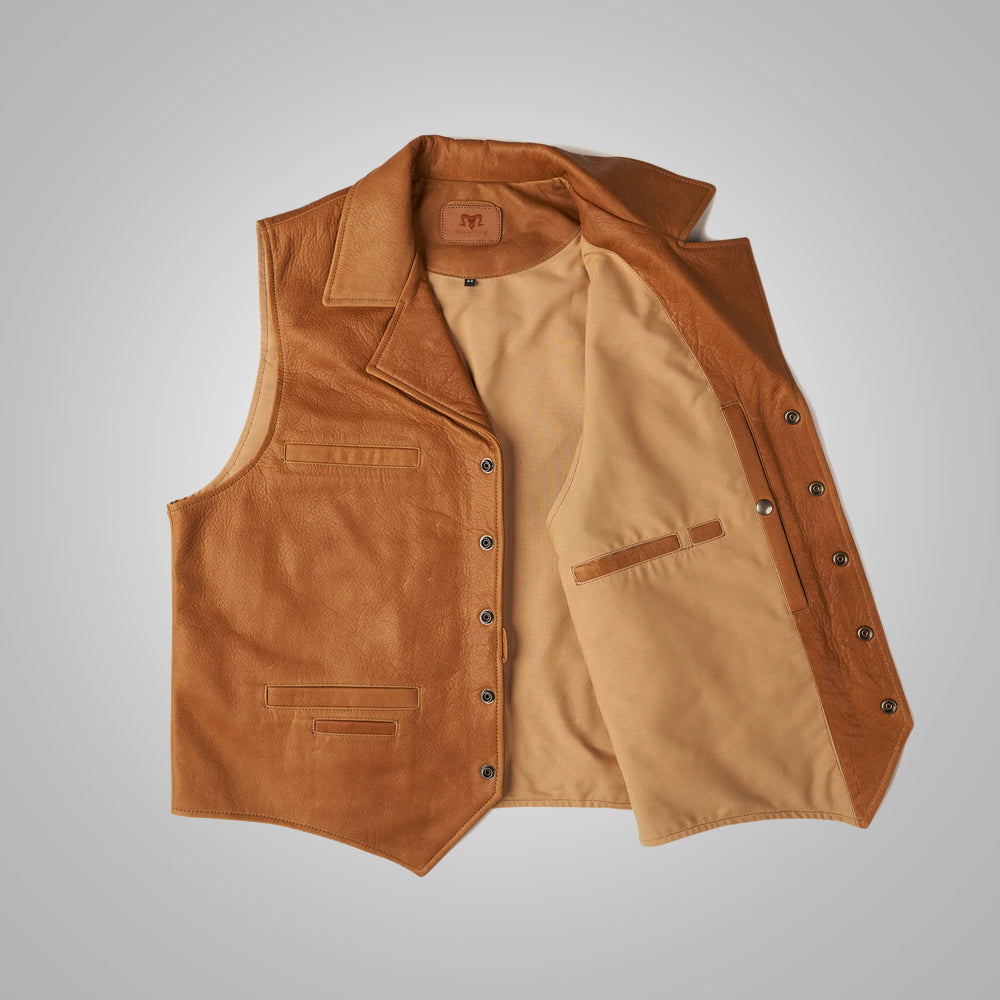 Men's Brown Western Cowboy Waistcoat Buffalo Leather Vest - bombersflight