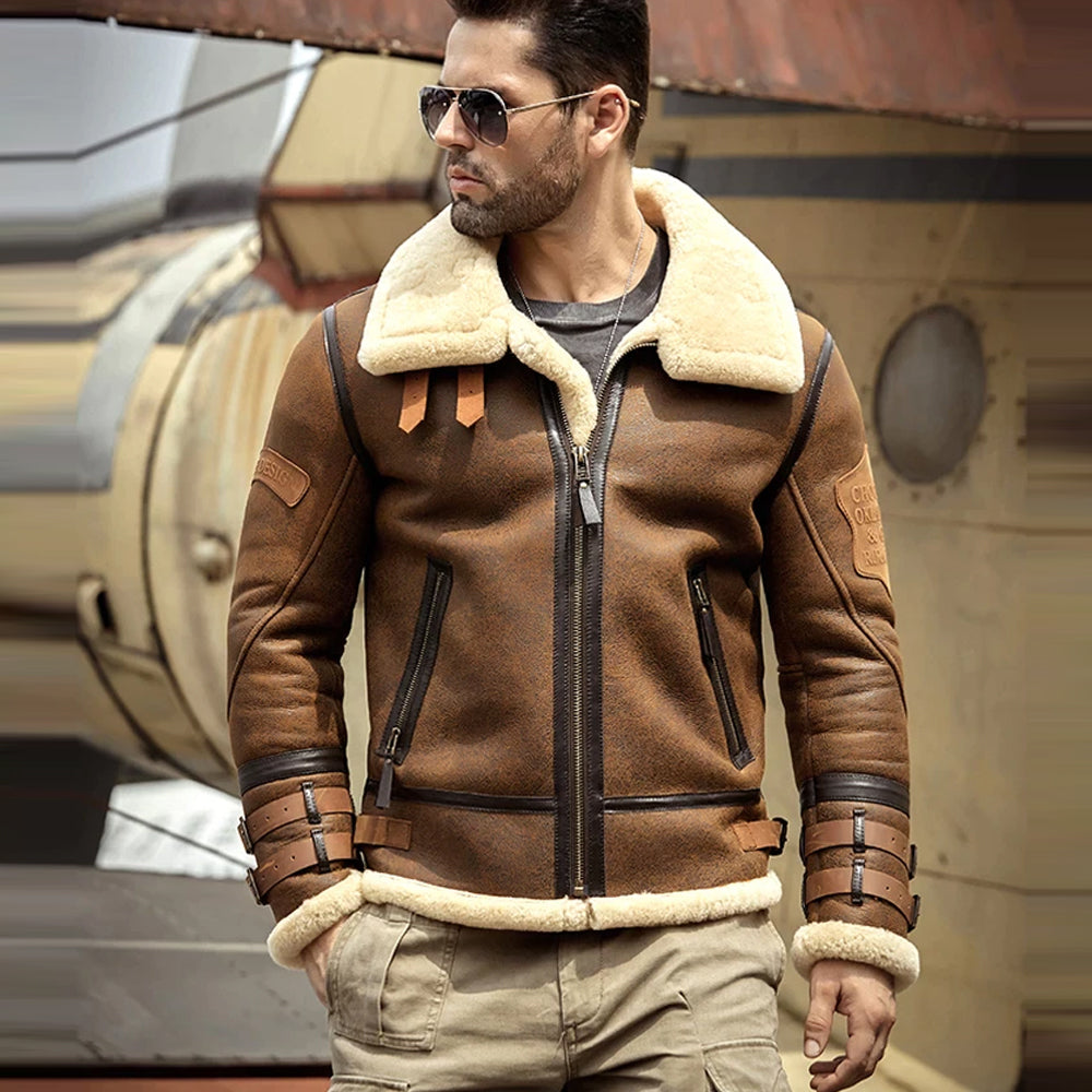 New Men's Flight Style Shearling Jacket Fur Coat - bombersflight