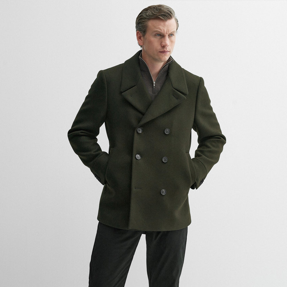Olive Green Double Breasted Men's Royal Navy Wool Peacoat