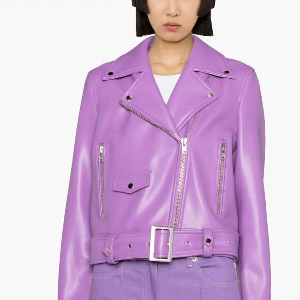 Purple leather jacket worn by a person on a white background