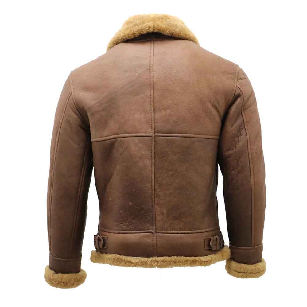 Brown leather jacket with fur trim on a white background