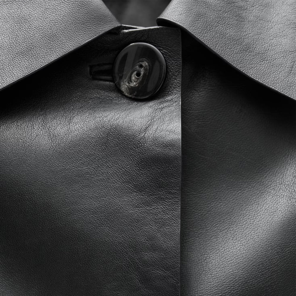 Shirt Style Black Leather Blazer With Flap Pockets