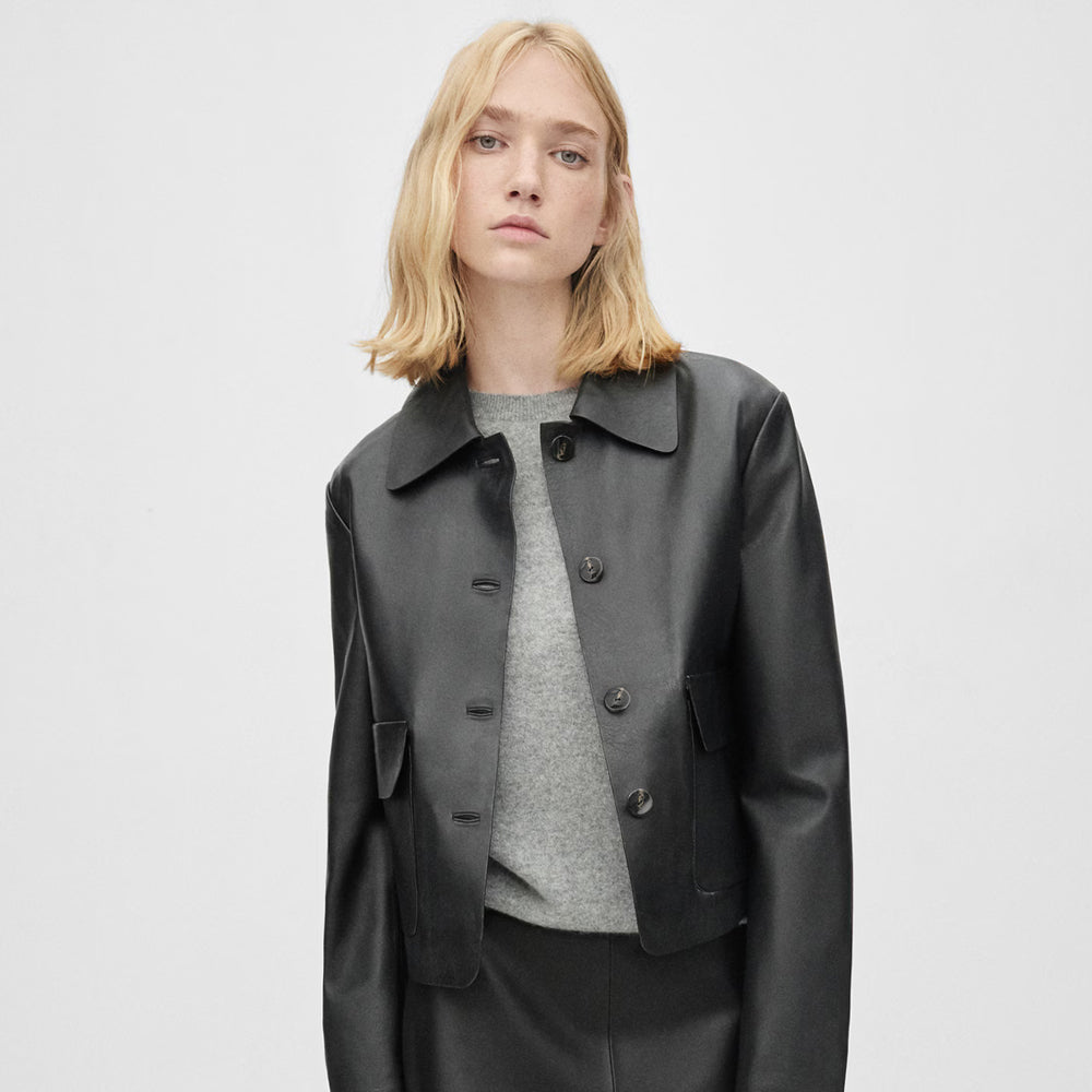 Shirt Style Leather Blazer With Flap Pockets