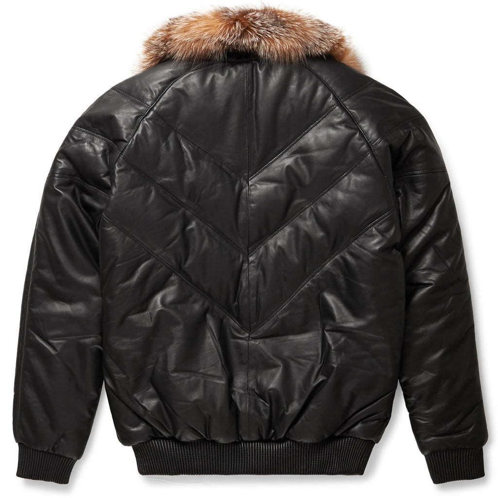 V-Bomber Jacket Black Leather Crystal Fox Fur - bombersflight