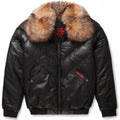 V-Bomber Jacket Black Leather Crystal Fox Fur - bombersflight