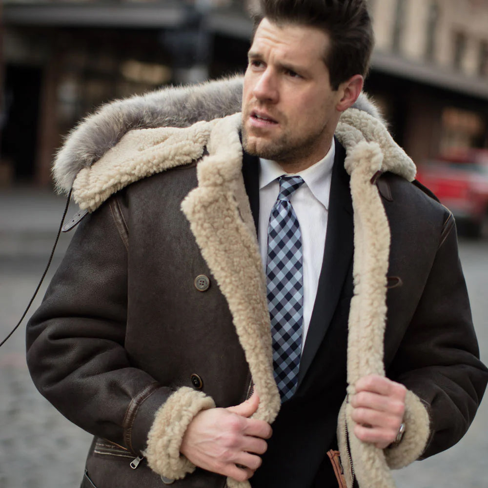 Men's Brown Sheepskin Shearling Coat With Fur hood