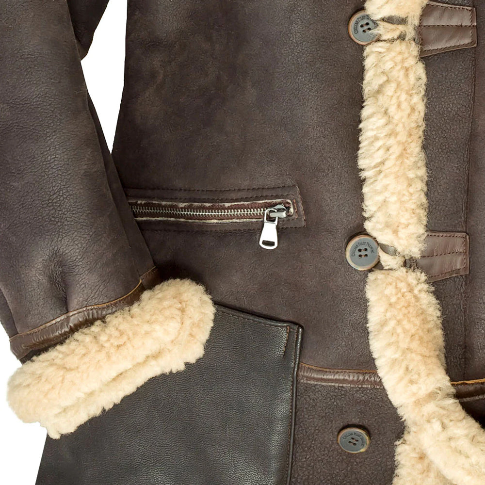 Brown Sheepskin Shearling Coat With Fur hood