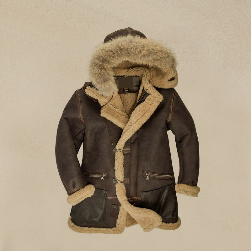 Men's Brown Shearling Coat With Fur hood