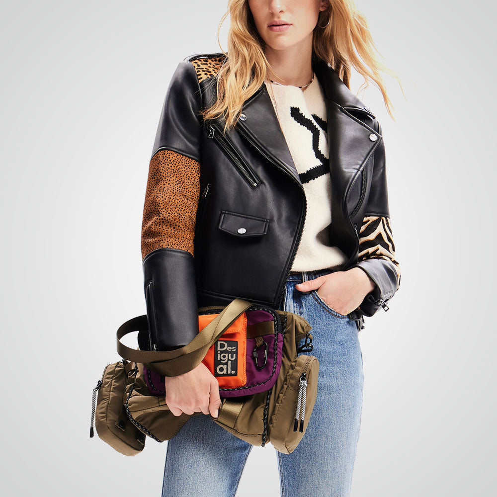 Women's Animal Print Black Sheepskin Biker Jacket