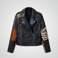 Women's Animal Print Black Sheepskin Leather Biker Jacket