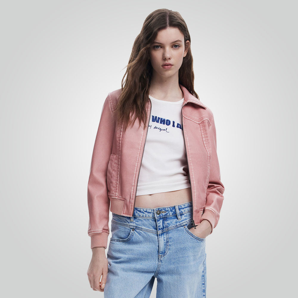 Biker Style Pink Leather Jacket
