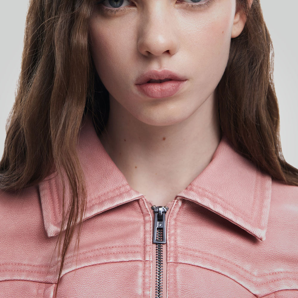 Women Biker Style Pink Jacket