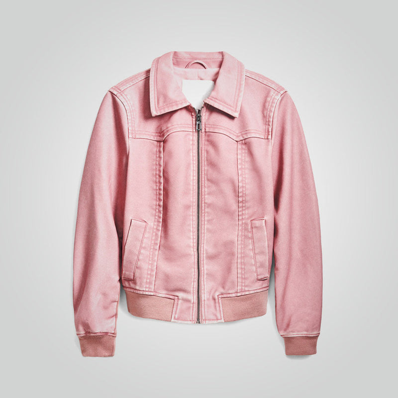 Women Biker Style Pink Leather Jacket