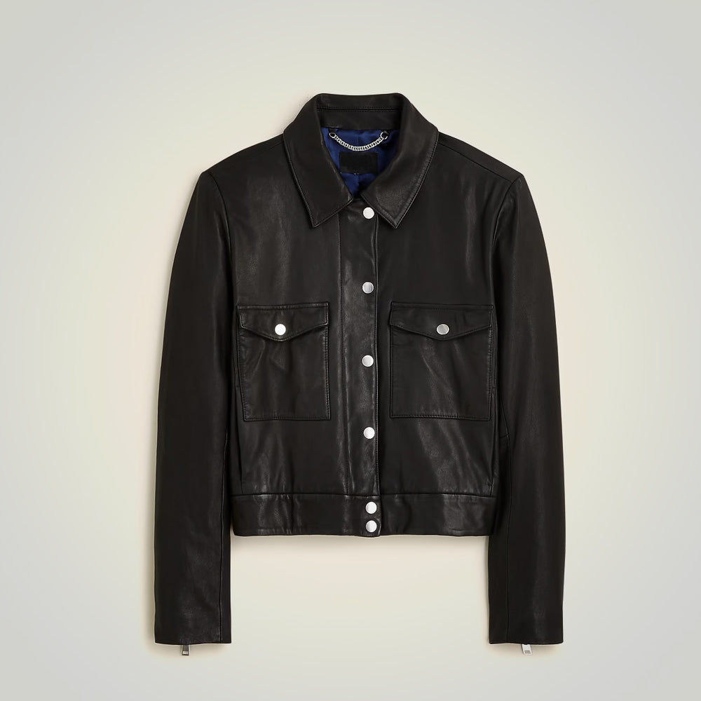Women Black Cropped Leather Shirt With Button Closure