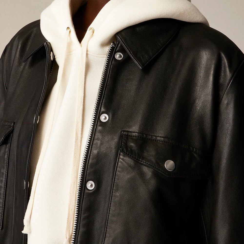 Women Cropped Leather Shirt With Button Closure
