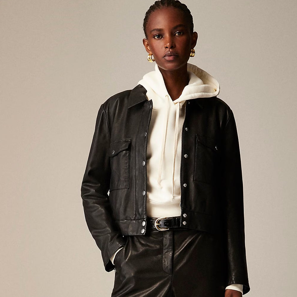 Black Cropped Leather Shirt With Button Closure