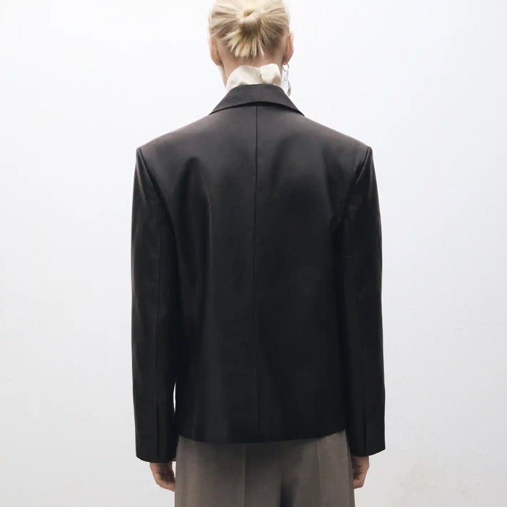 Women Black Double Breasted Vintage Leather Blazer