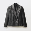 Women Black Double Breasted Vintage Leather Blazer