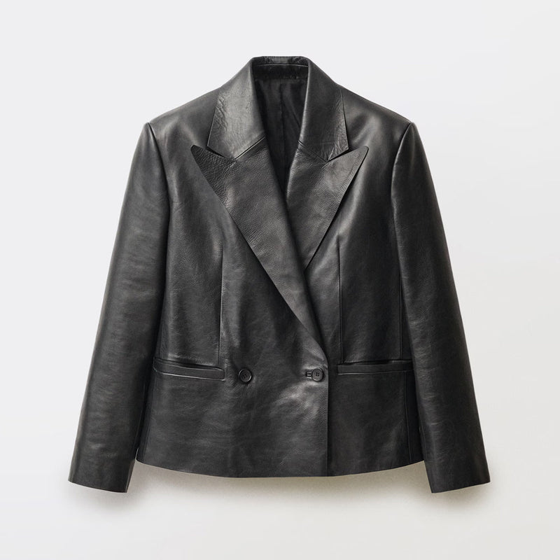 Women Black Double Breasted Vintage Leather Blazer