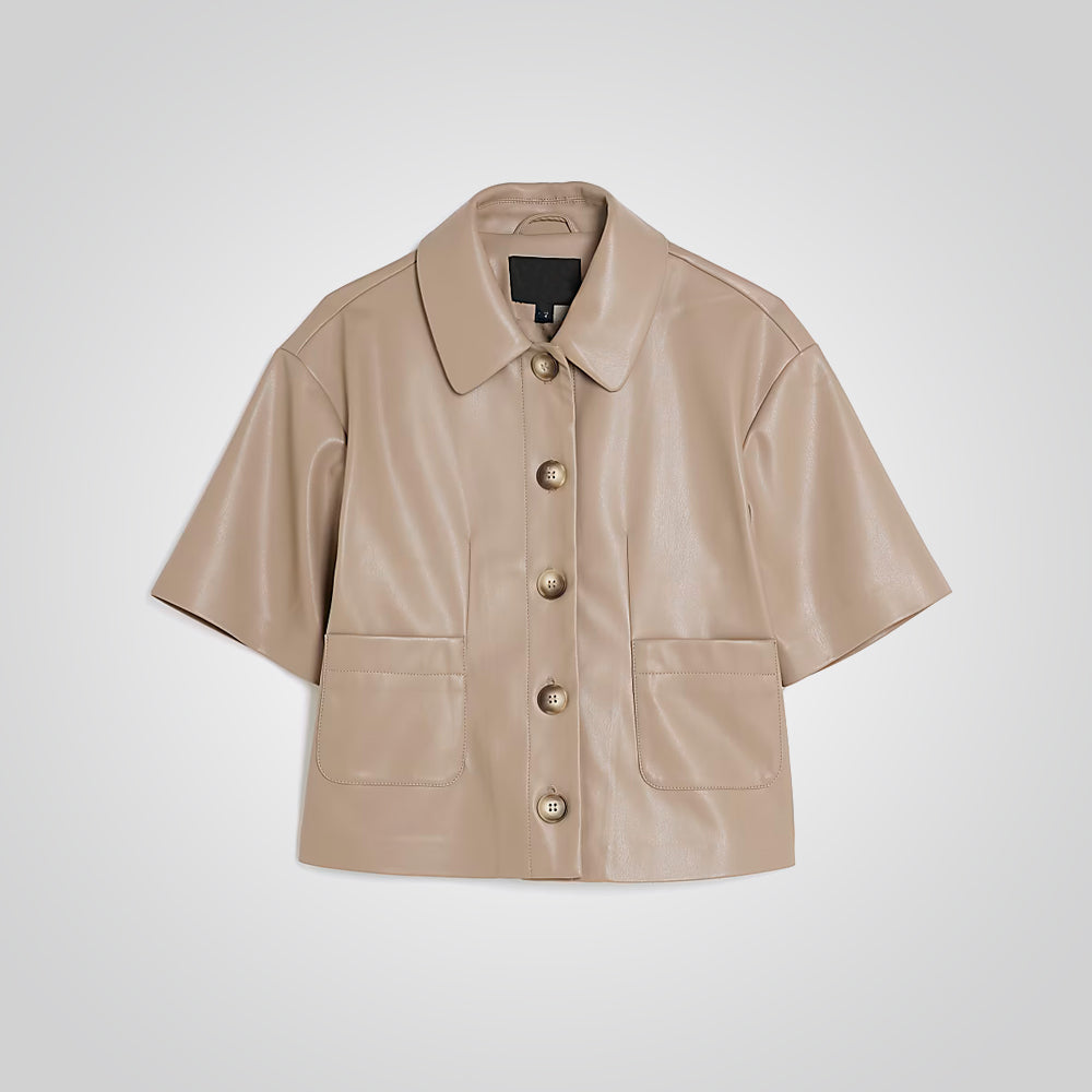 Women Cropped Beige Real Leather Shirt