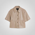 Women Cropped Beige Real Leather Shirt