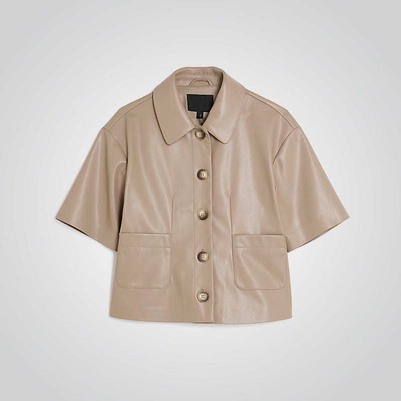 Women Cropped Beige Real Leather Shirt