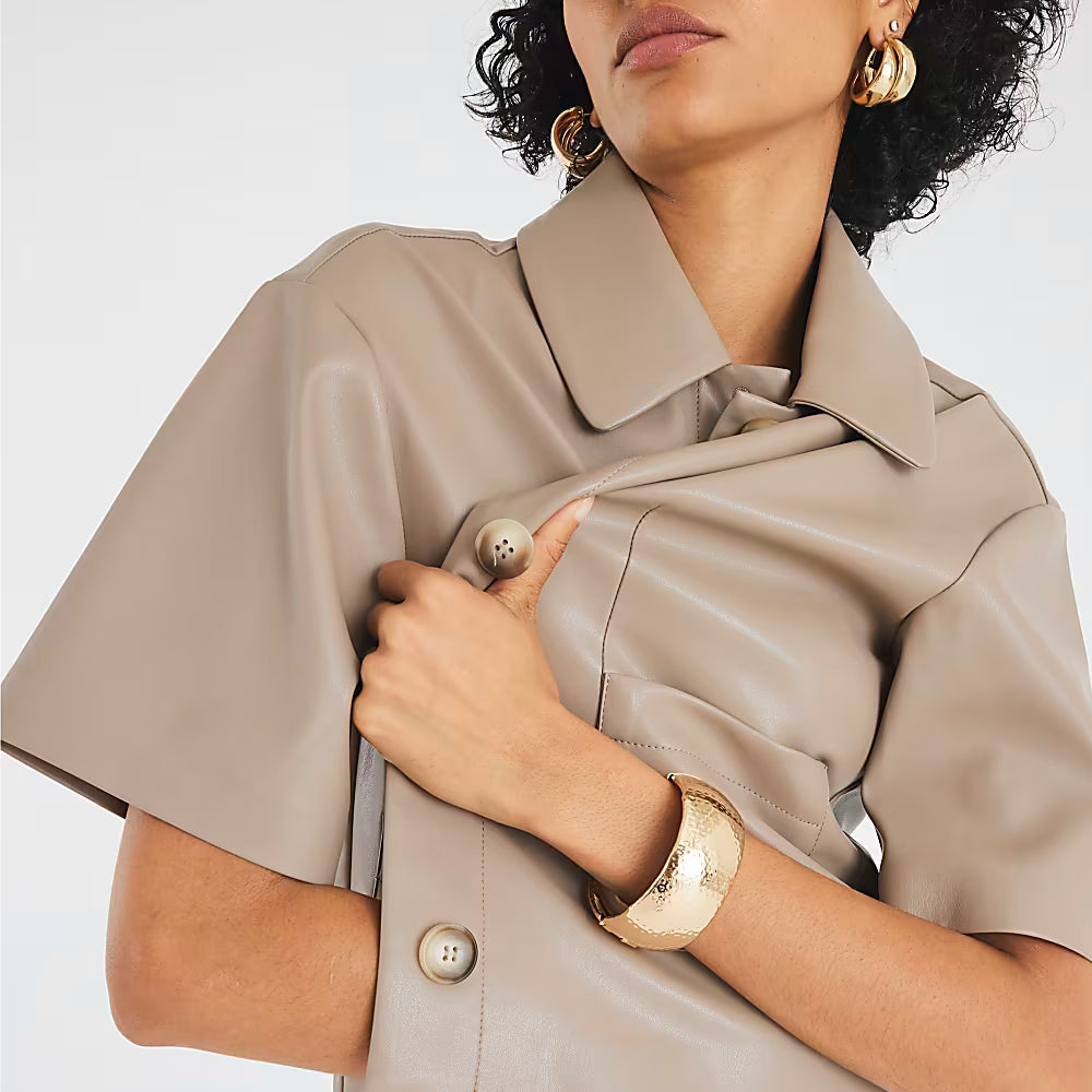 Women Cropped Beige Real Leather Shirt