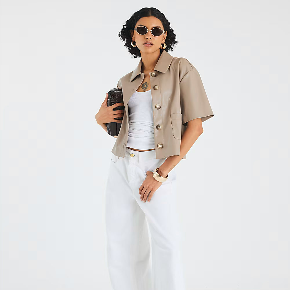 Women Cropped Beige Real Leather Shirt
