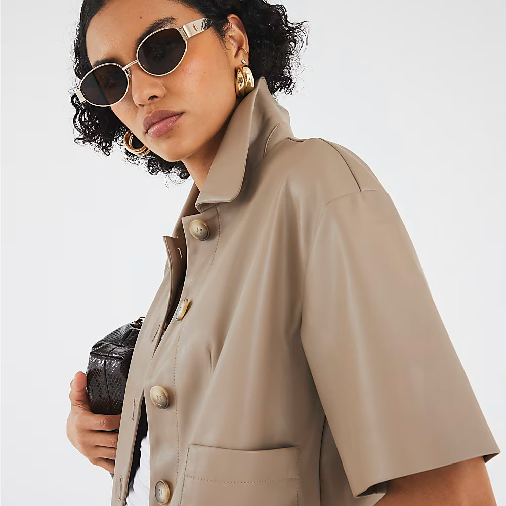 Cropped Beige Real Leather Shirt