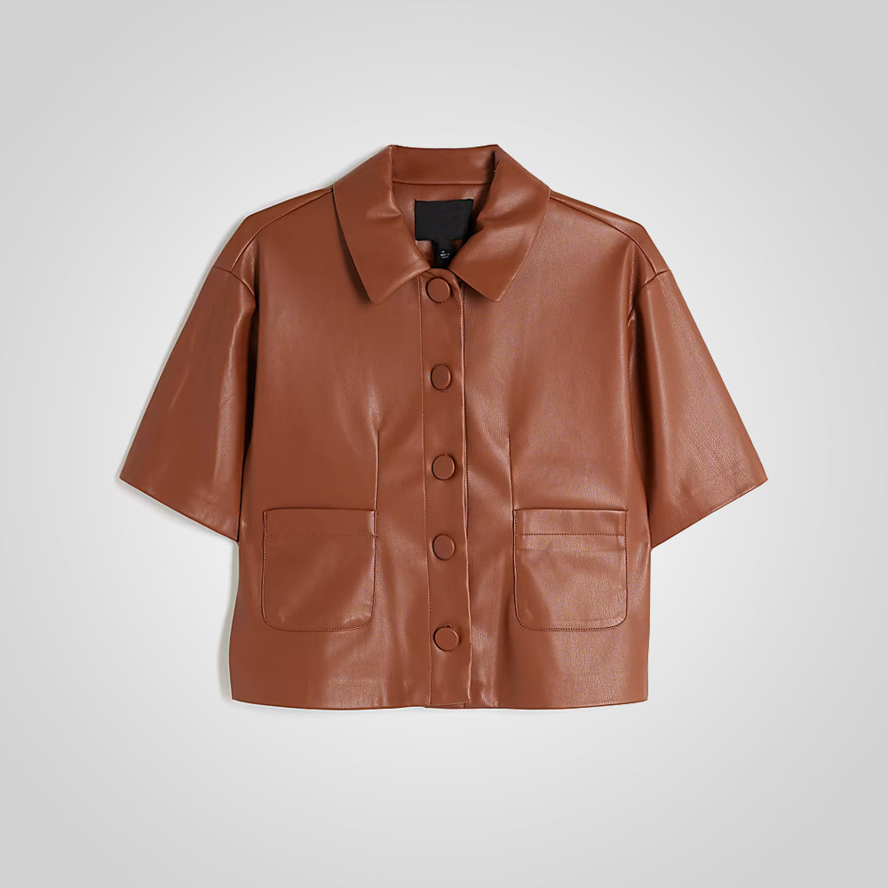 Women Cropped Brown Real Leather Shirt