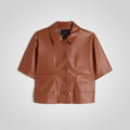 Women Cropped Brown Real Leather Shirt