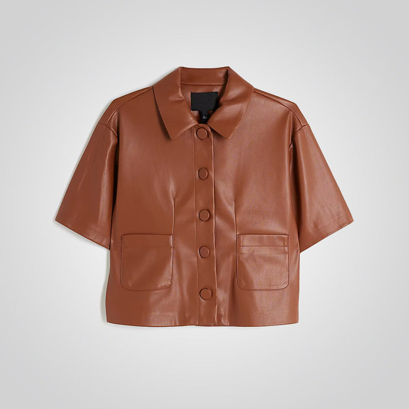 Women Cropped Brown Real Leather Shirt