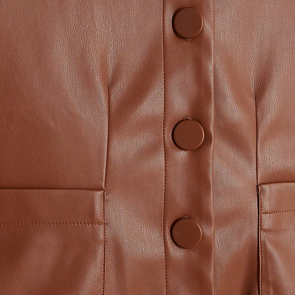 Women Cropped Brown Real Leather Shirt