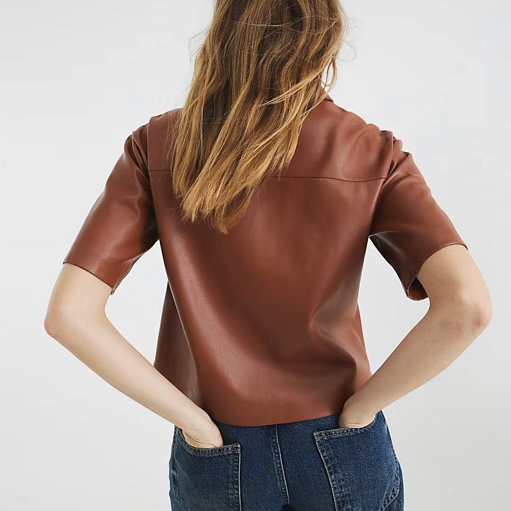 Women Cropped Brown Real Leather Shirt