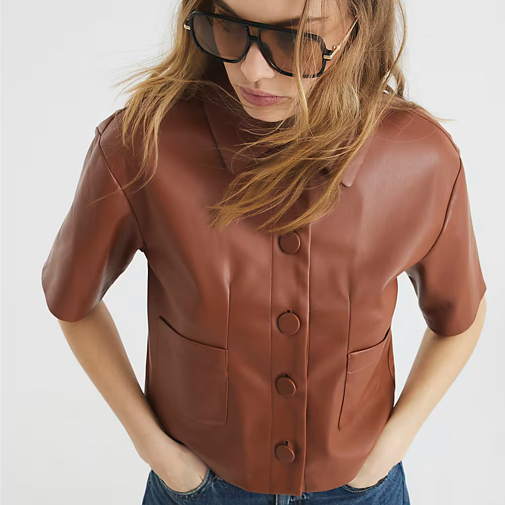 Women Cropped Brown Real Leather Shirt