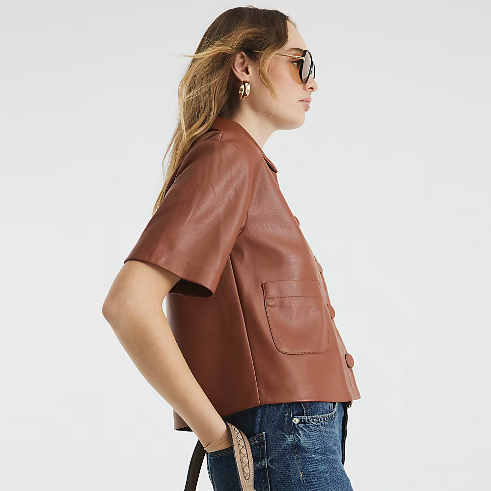 Women Cropped Brown Real Leather Shirt
